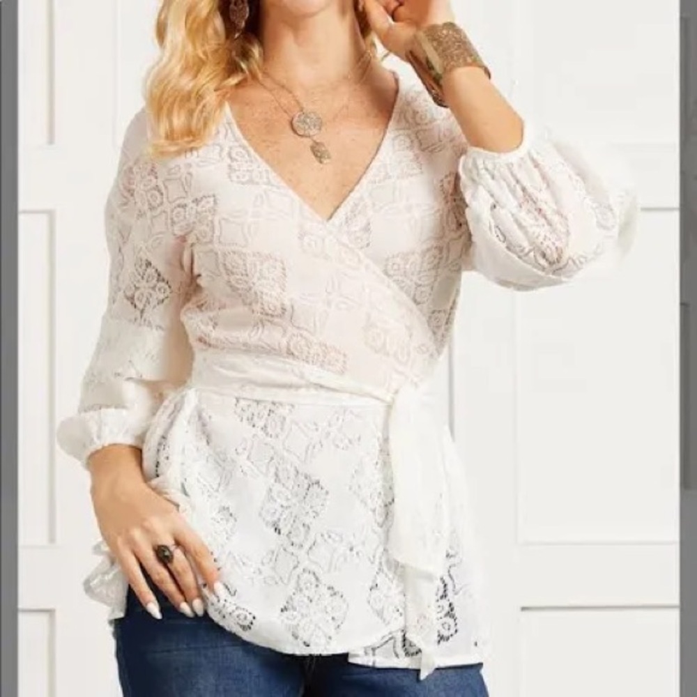 Susanne Betro Ivory Lace True Wrap Blouse 2/$35